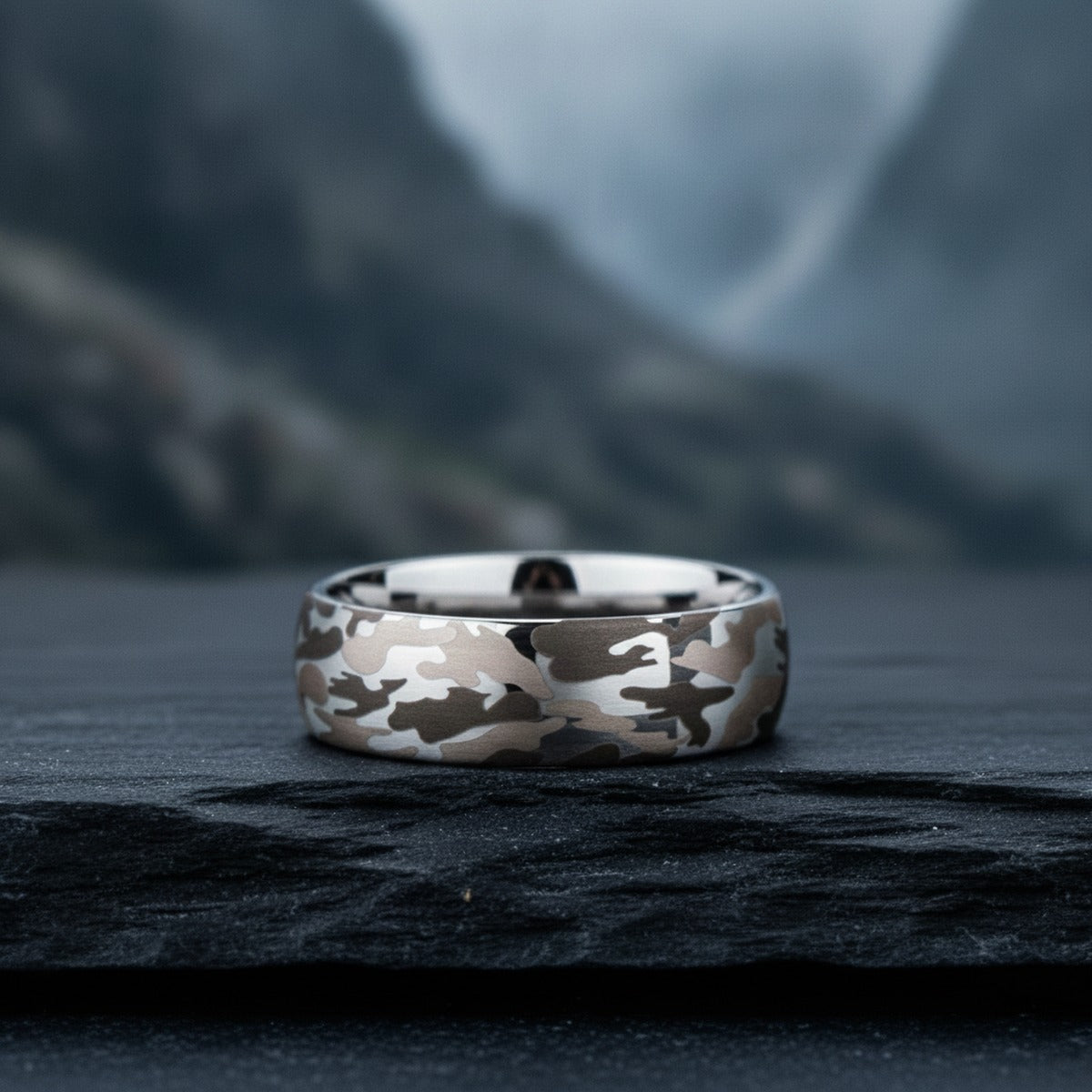 Aydins BATTALION | Tungsten Carbide Ring, Camouflage Inlay lifestyle scene, slate stone mountain