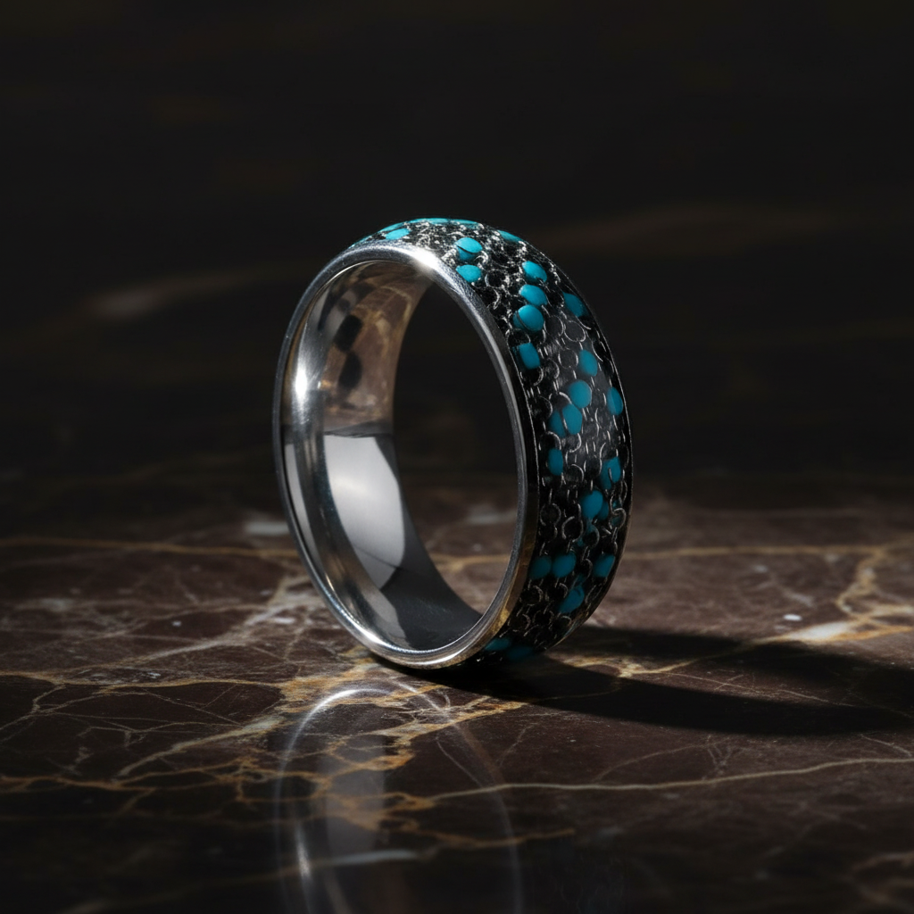 BEADWIRE — Luxury 3/4 angle on dark marble — men's tungsten wedding ring.