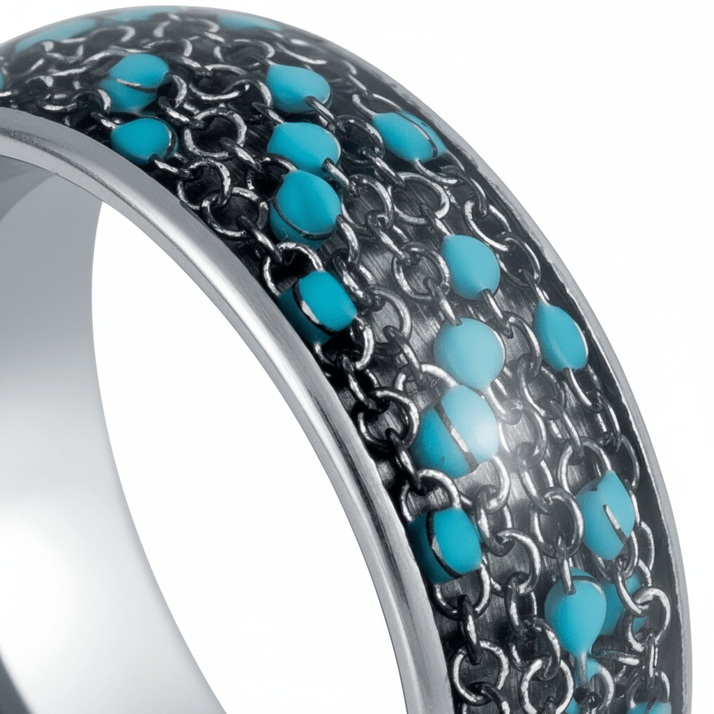 BEADWIRE — Extreme macro detail — men's tungsten wedding ring.