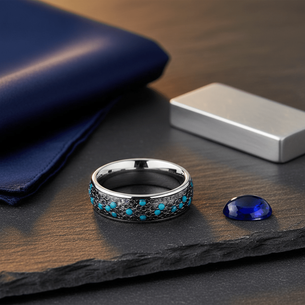 BEADWIRE — Editorial masculine still life — men's tungsten wedding ring.