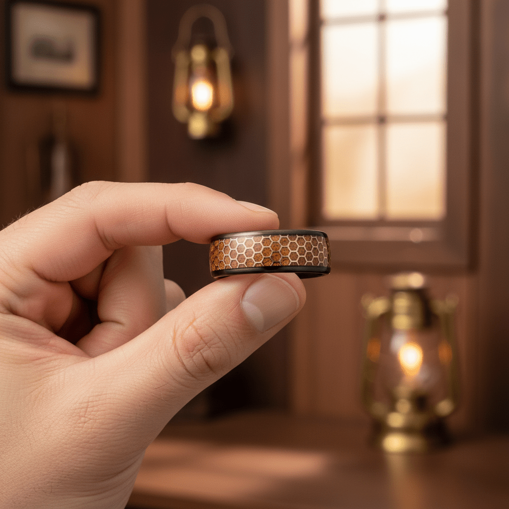 BEASON — Held between fingers close-up — men's tungsten wedding ring.