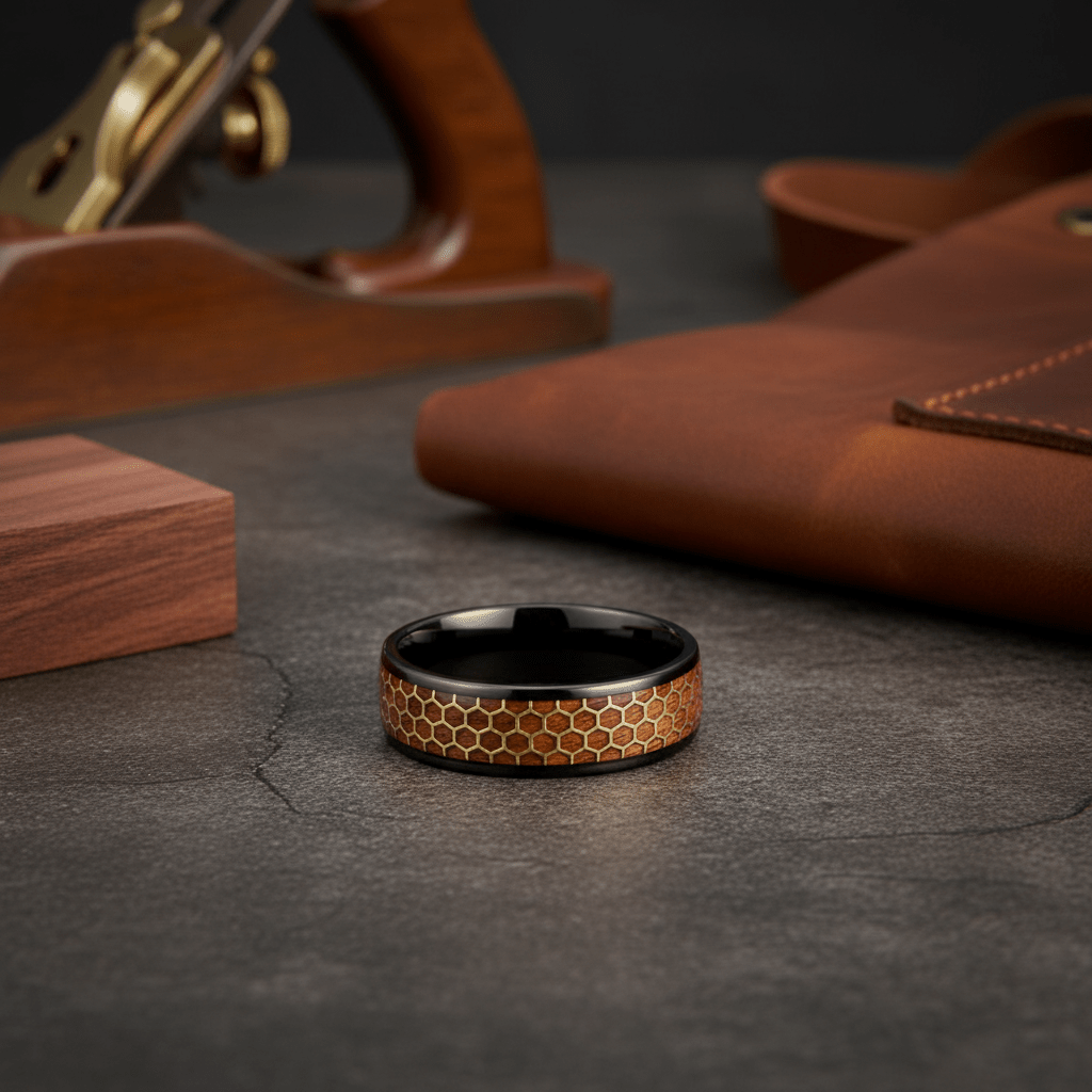 BEASON — Editorial masculine still life — men's tungsten wedding ring.