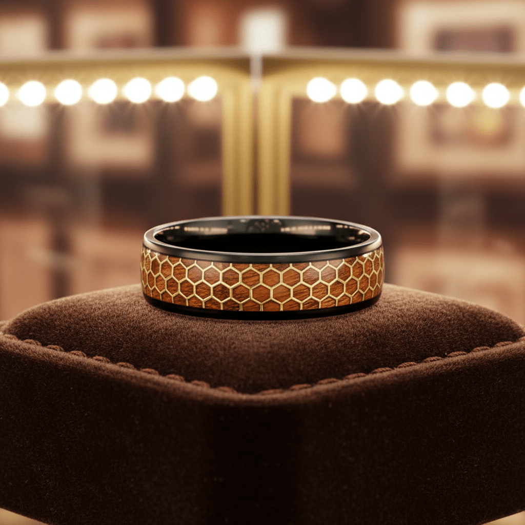 BEASON — Premium boutique display on velvet — men's tungsten wedding ring.