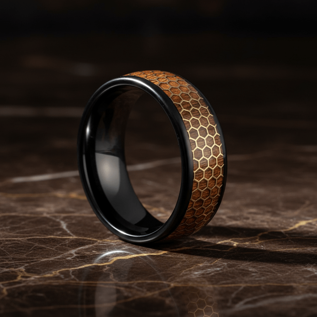 BEASON — Luxury 3/4 angle on dark marble — men's tungsten wedding ring.