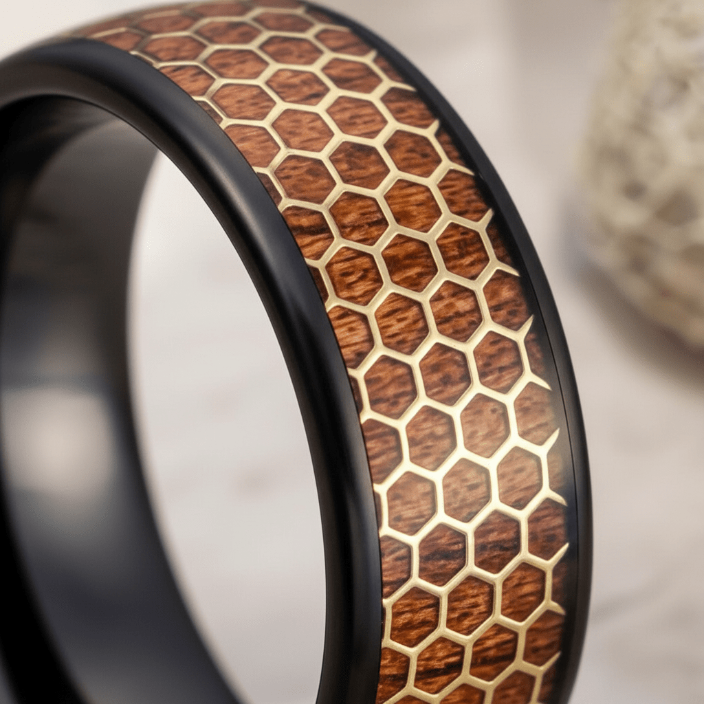BEASON — Extreme macro detail — men's tungsten wedding ring.