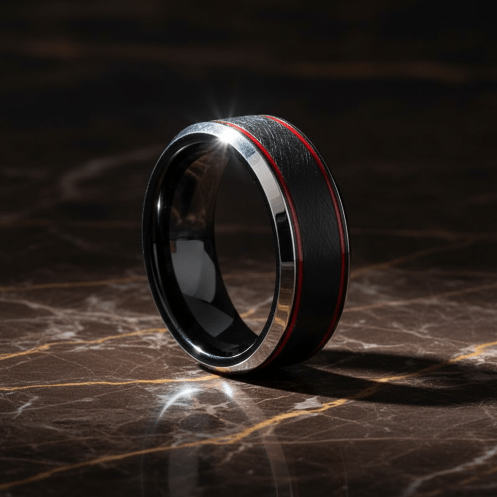 BELARIO — close-up detail — men's tungsten carbide wedding ring | Aydins Jewelry