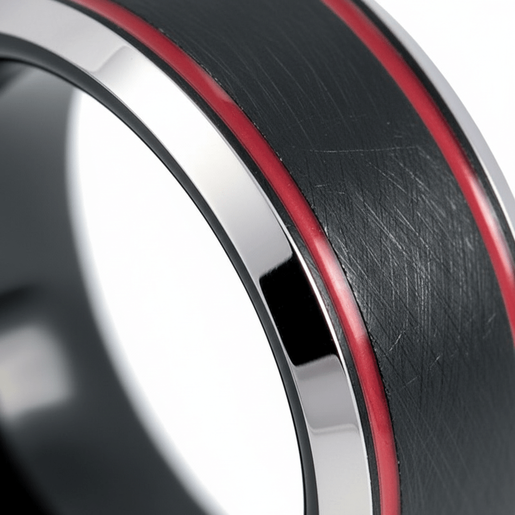 BELARIO — close-up detail — men's tungsten carbide wedding ring | Aydins Jewelry