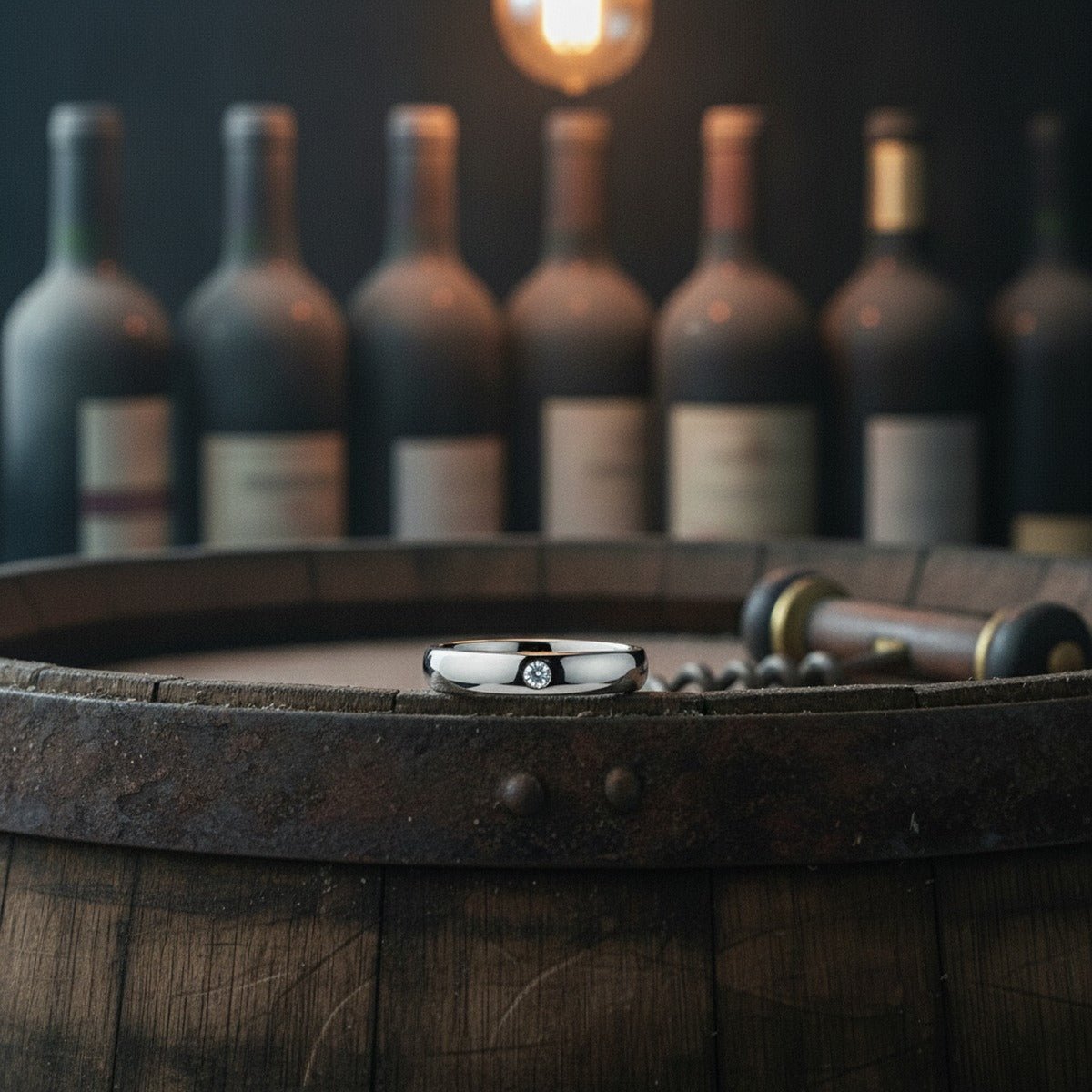 Aydins BERKSHIRE | Women's Silver Tungsten Ring, Diamond, Domed lifestyle scene, wine cellar oak