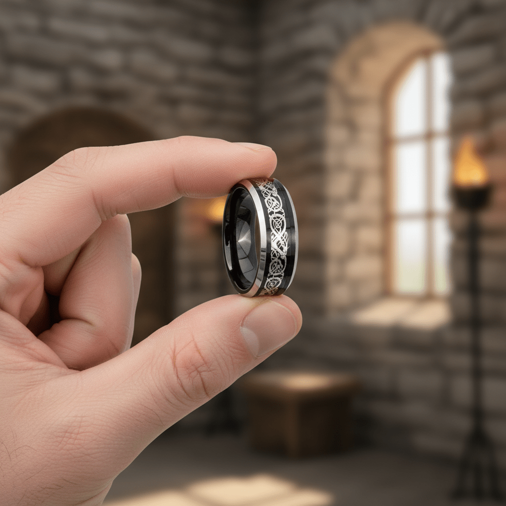 BETTLER — Held between fingers close-up — men's tungsten wedding ring.