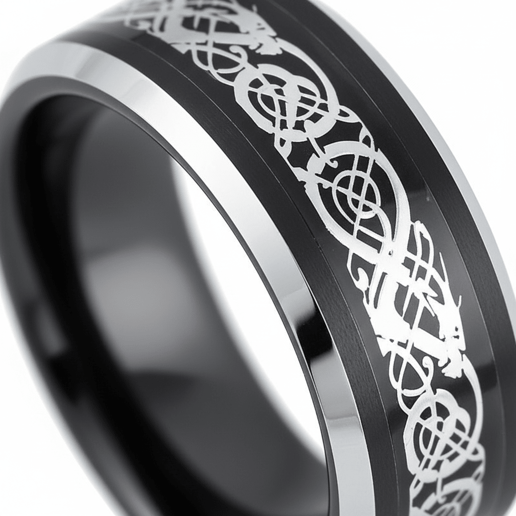 BETTLER — Extreme macro detail — men's tungsten wedding ring.