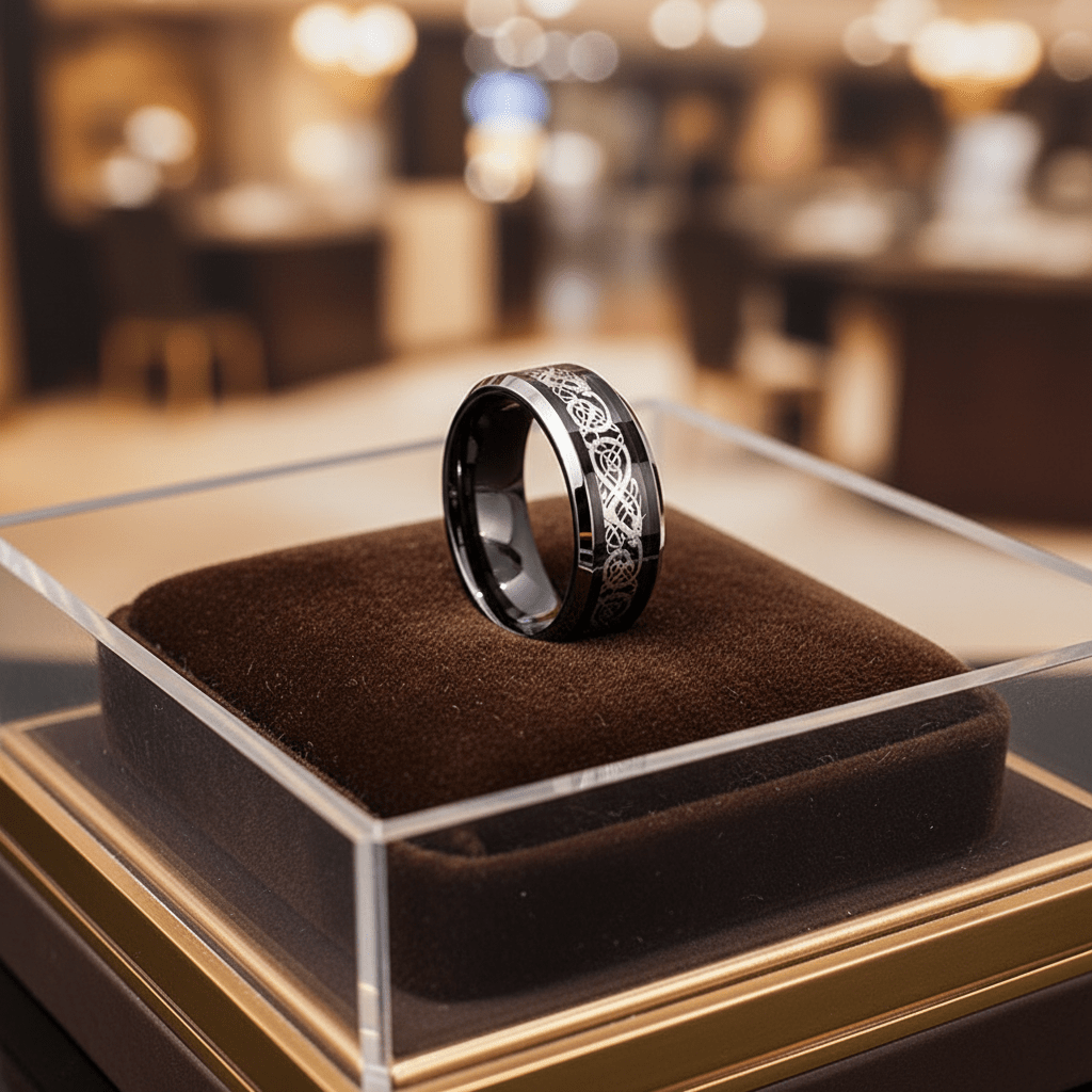 BETTLER — Premium boutique display on velvet — men's tungsten wedding ring.