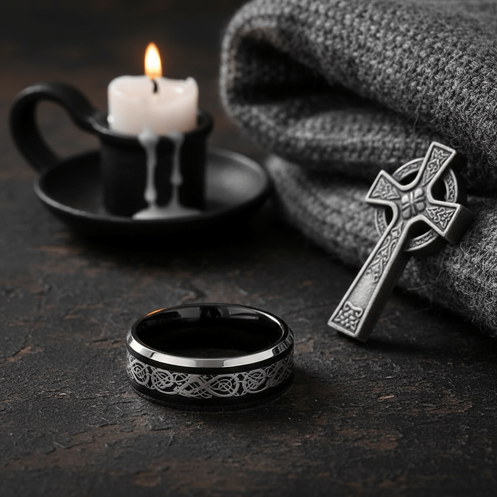 BETTLER — Editorial masculine still life — men's tungsten wedding ring.