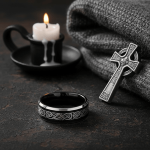 BETTLER — Editorial masculine still life — men's tungsten wedding ring.