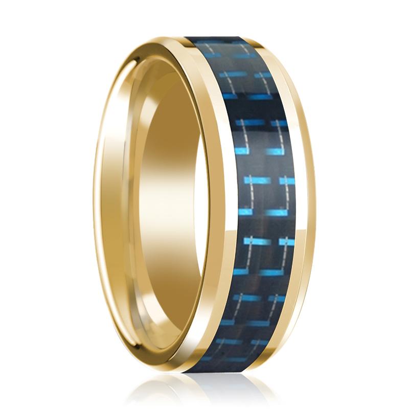 Blue Carbon Fiber inlay 14k yellow gold wedding band 8mm, side profile