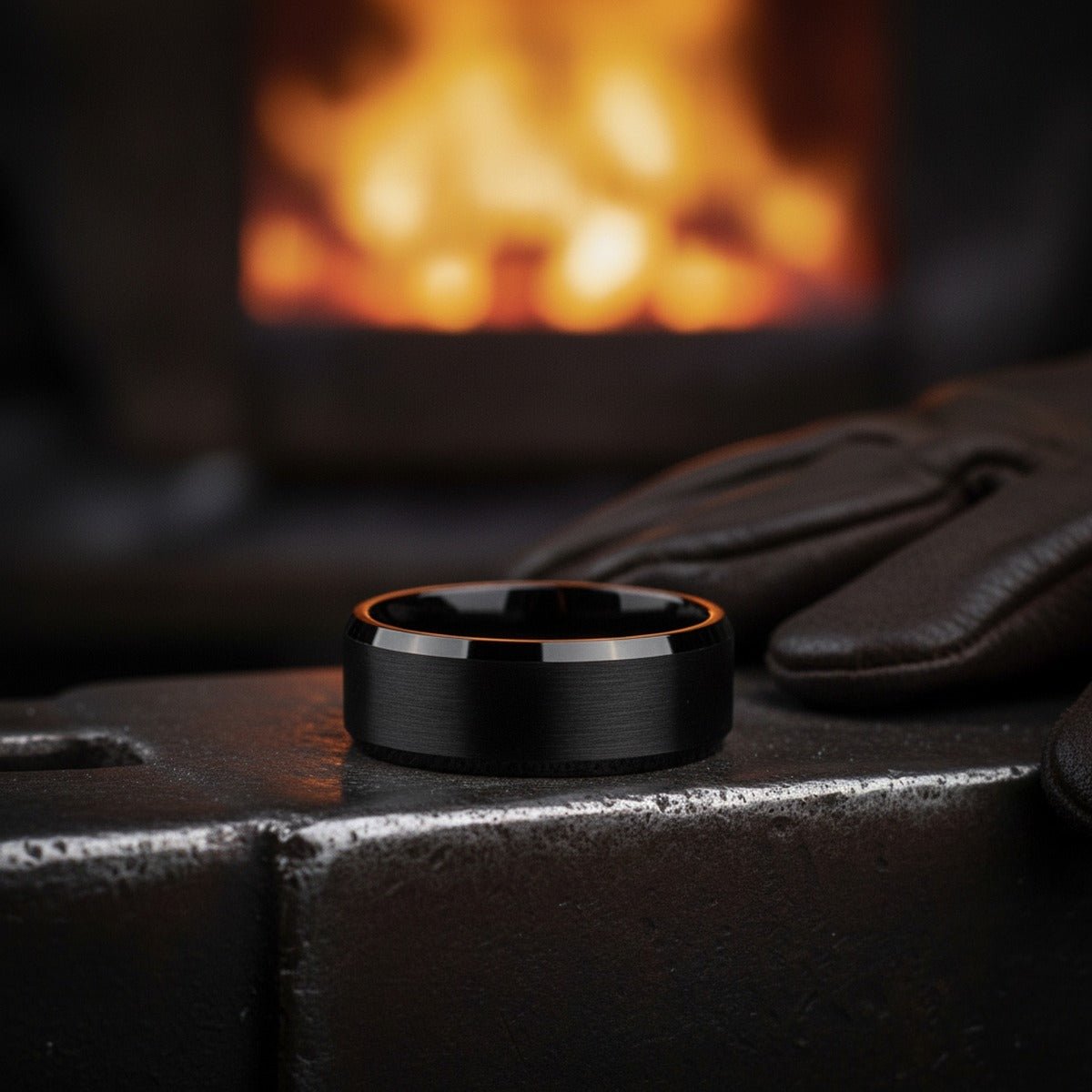 Aydins BLACKJACK | Black Ring, Black Tungsten Ring, Brushed, Beveled lifestyle scene, blacksmith forge