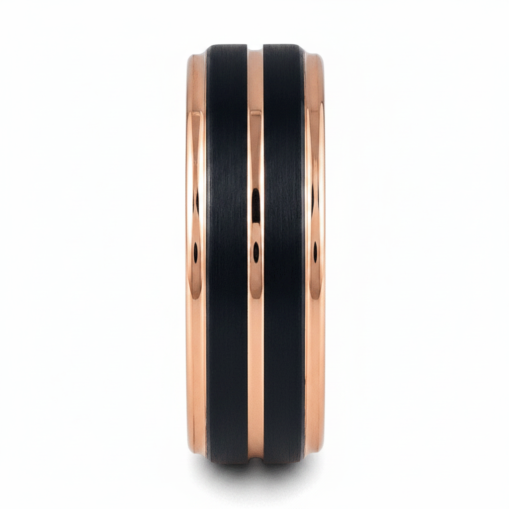 BLACKLUSH — Front-facing straight-on view — men's tungsten wedding ring.