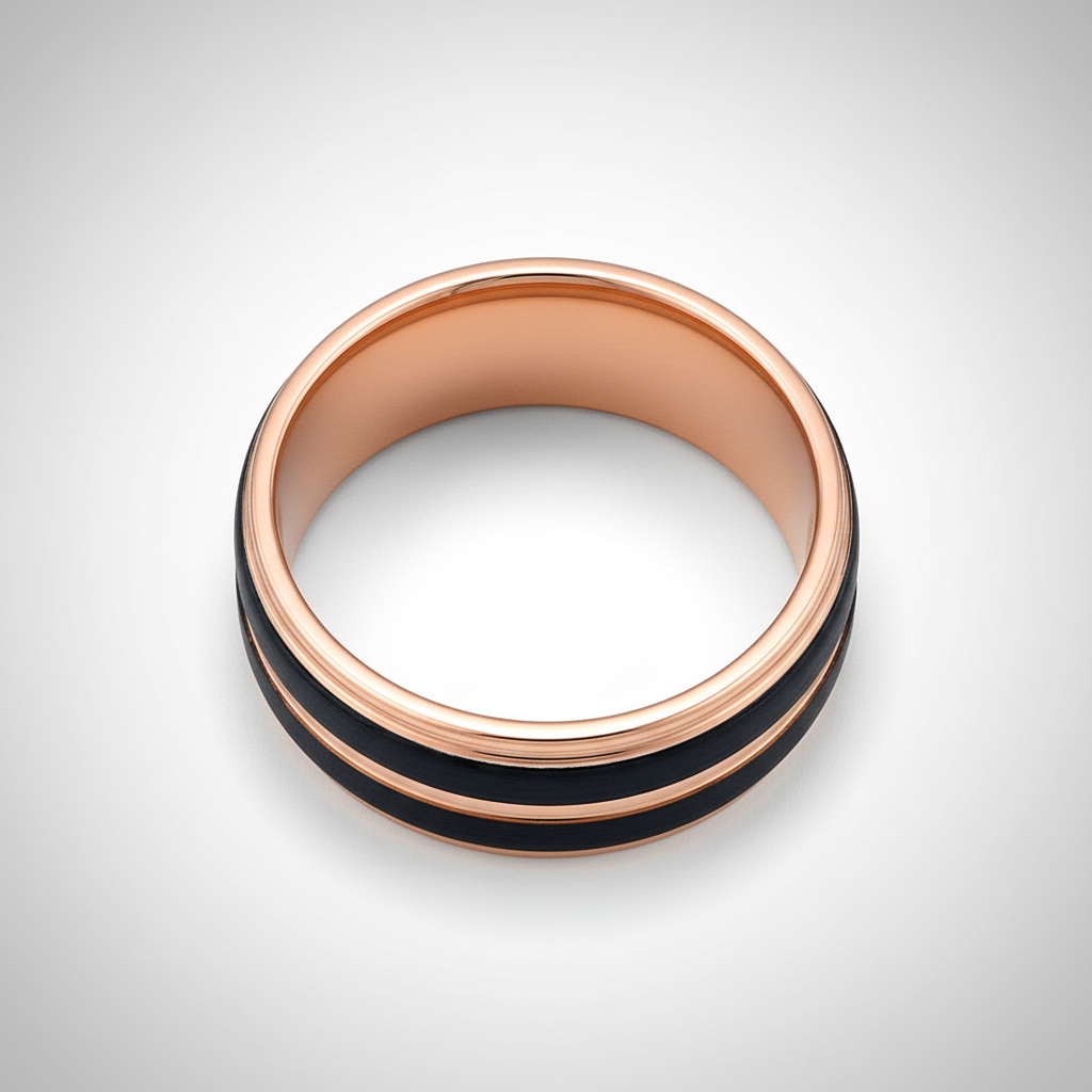 BLACKLUSH — Center-through axial view — men's tungsten wedding ring.