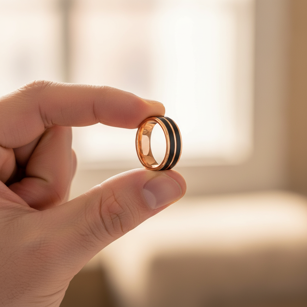 BLACKLUSH — Held between fingers close-up — men's tungsten wedding ring.