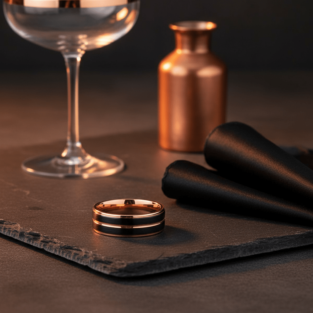 BLACKLUSH — Editorial masculine still life — men's tungsten wedding ring.