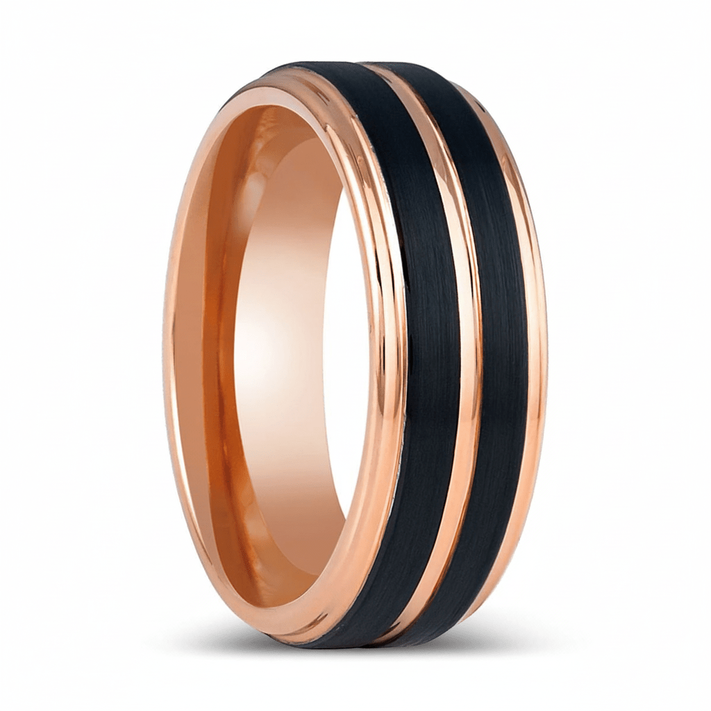 BLACKLUSH — Hero product shot — men's tungsten wedding ring.