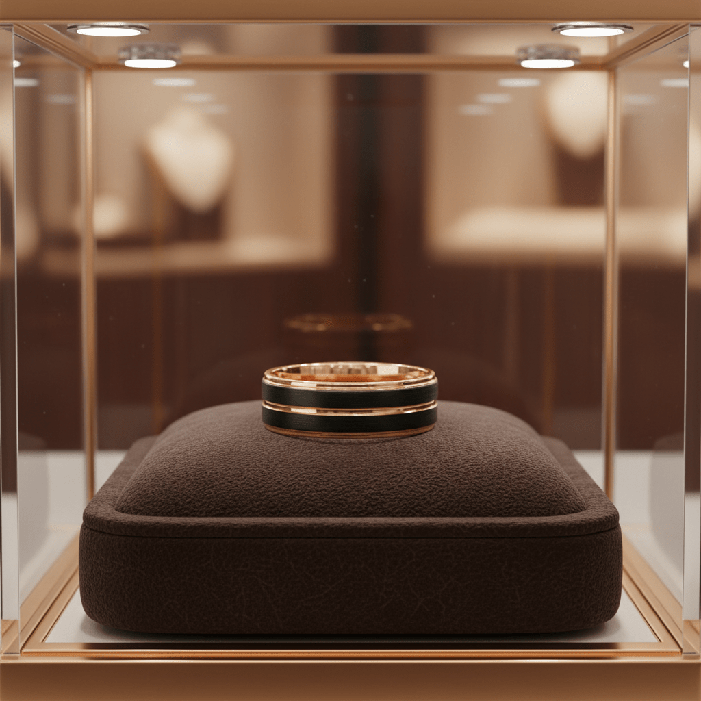 BLACKLUSH — Premium boutique display on velvet — men's tungsten wedding ring.
