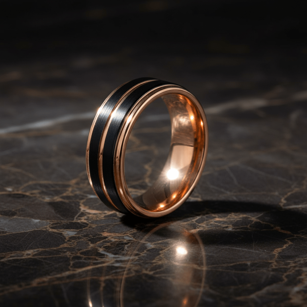 BLACKLUSH — Luxury 3/4 angle on dark marble — men's tungsten wedding ring.