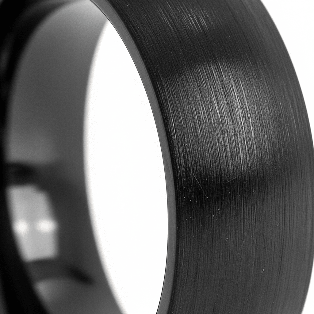 BLACKROCK — Extreme macro detail — men's tungsten wedding ring.