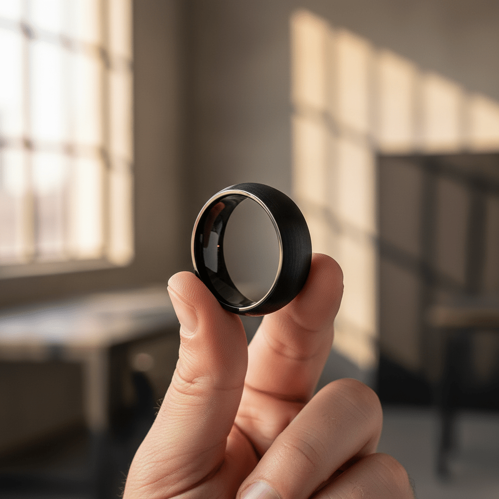 BLACKROCK — Held between fingers close-up — men's tungsten wedding ring.