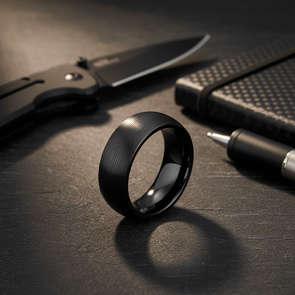 BLACKROCK — Editorial masculine still life — men's tungsten wedding ring.
