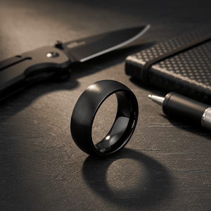 BLACKROCK — Editorial masculine still life — men's tungsten wedding ring.