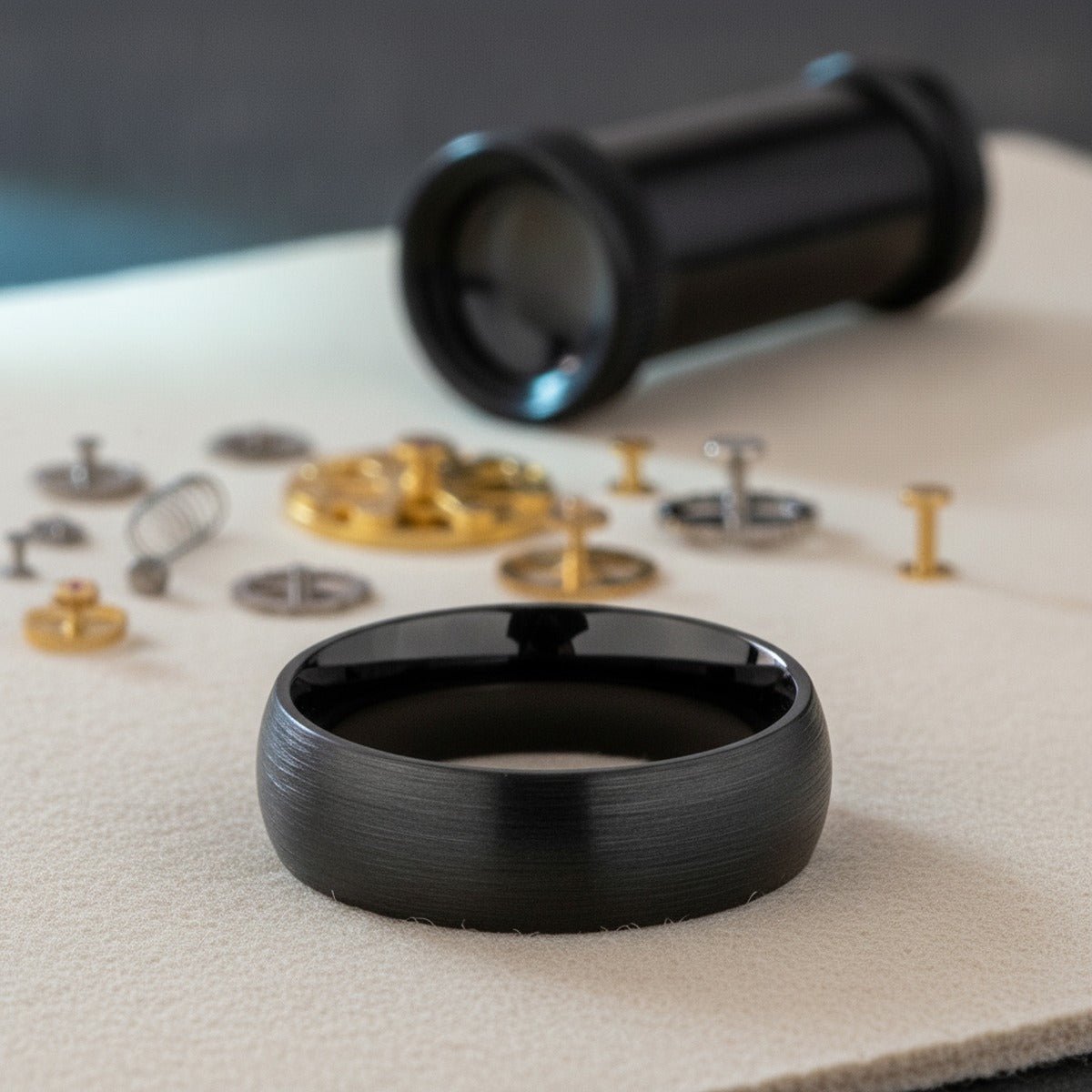 Aydins BLACKROCK | Black Tungsten Brushed Ring lifestyle scene, watchmaker bench