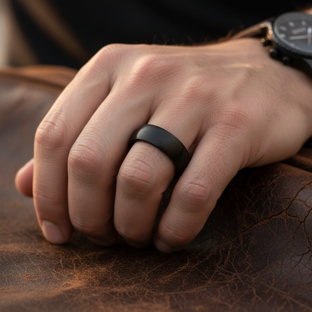 BLACKROCK — Lifestyle photo on hand — men's tungsten wedding ring.