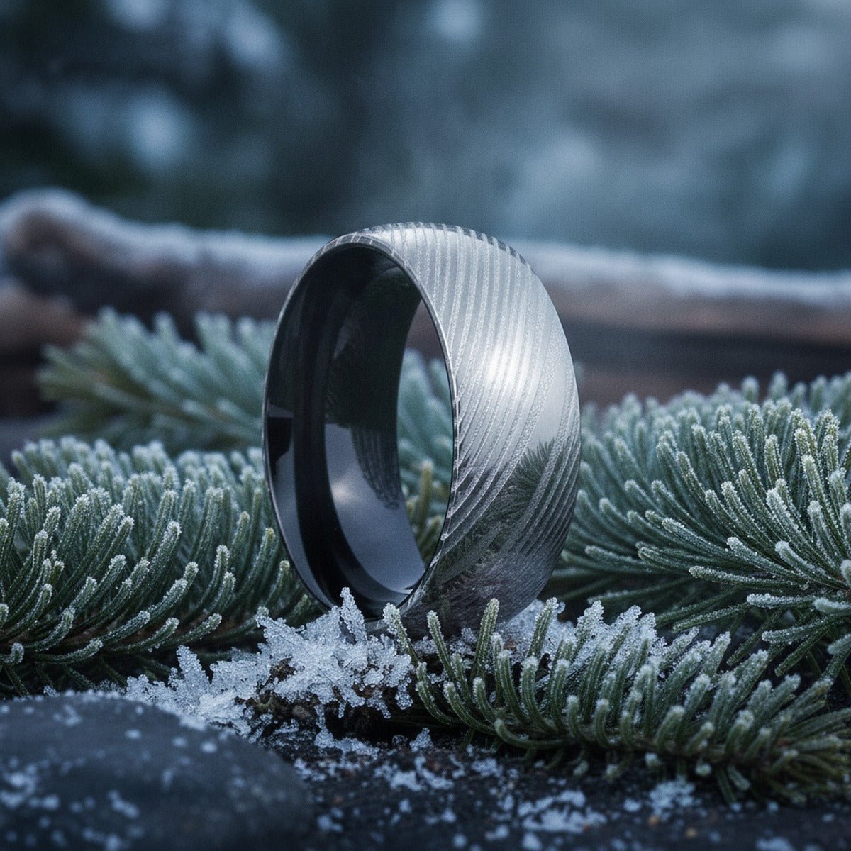 Aydins BLADE | Black Ring, Silver Damascus Steel, Domed lifestyle scene, evergreen frost
