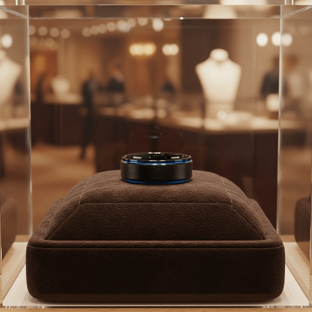 BLIGHT — Premium boutique display on velvet — men's tungsten wedding ring.