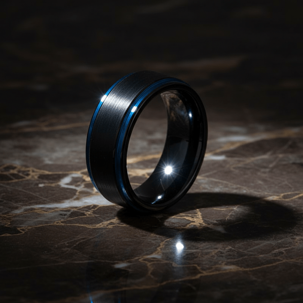 BLIGHT — Luxury 3/4 angle on dark marble — men's tungsten wedding ring.