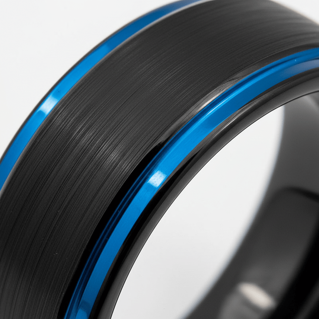 BLIGHT — Extreme macro detail — men's tungsten wedding ring.