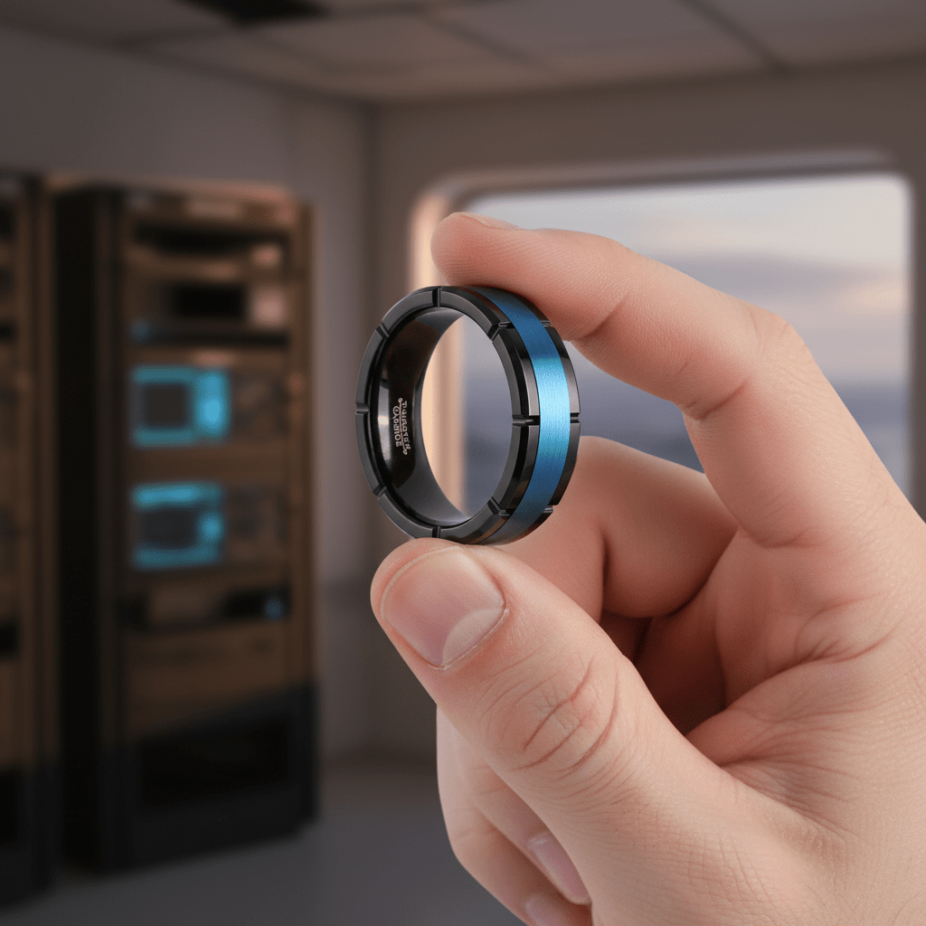 BLIZZARD — Held between fingers close-up — men's tungsten wedding ring.