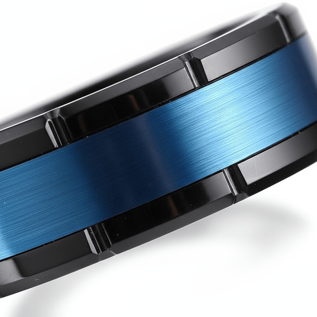 BLIZZARD — Extreme macro detail — men's tungsten wedding ring.