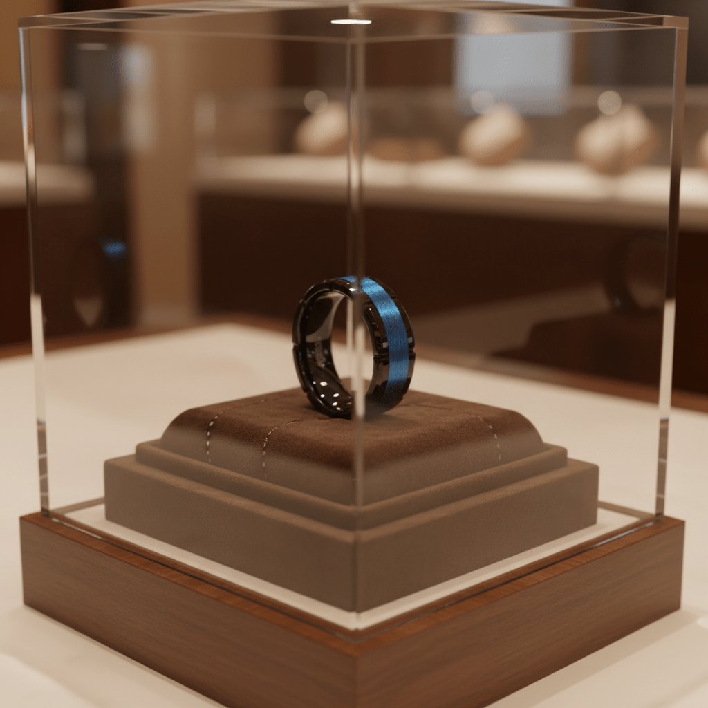 BLIZZARD — Premium boutique display on velvet — men's tungsten wedding ring.