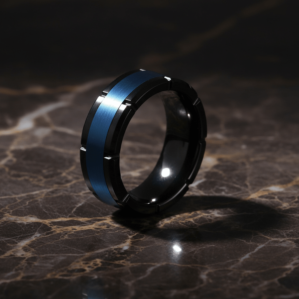 BLIZZARD — Luxury 3/4 angle on dark marble — men's tungsten wedding ring.