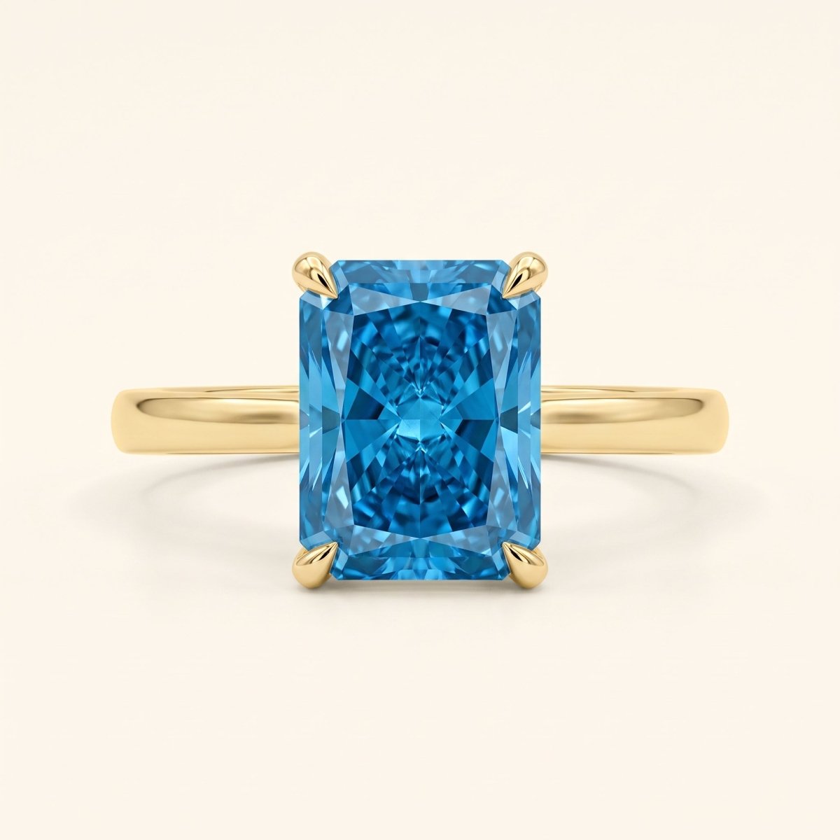 Blue Radiant lab-grown diamond solitaire engagement ring, Yellow Gold, face-on detail macro