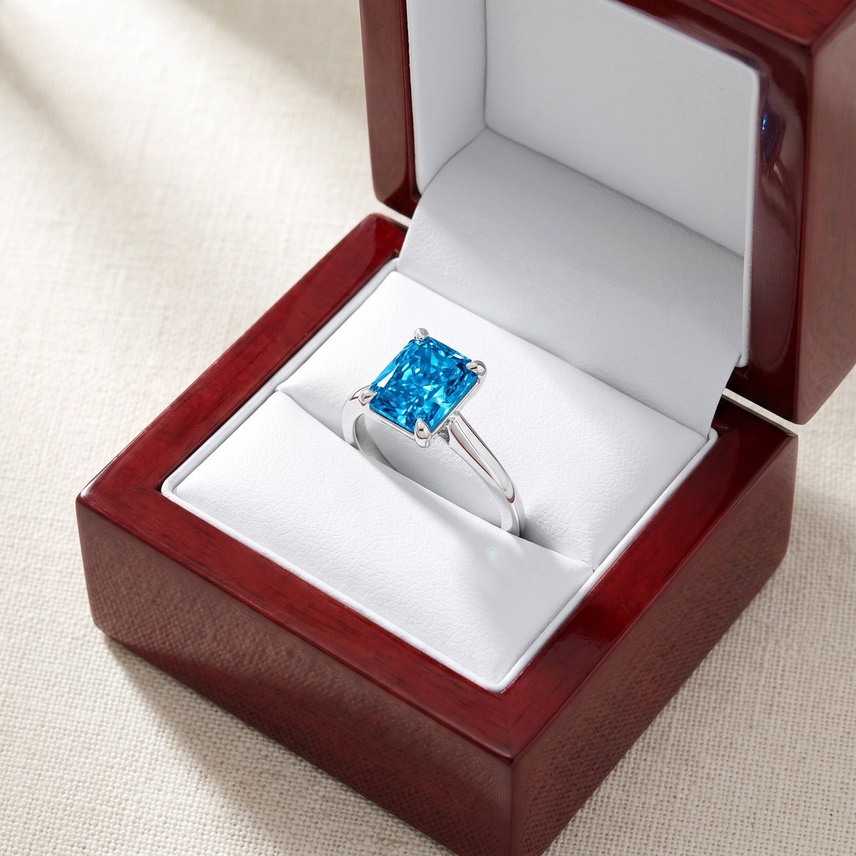 Blue Radiant lab-grown diamond solitaire engagement ring, 925 Sterling Silver, in cherry-wood ring box