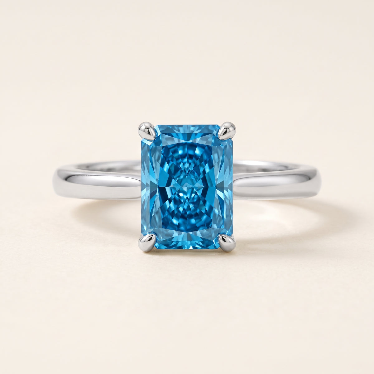 Blue Radiant lab-grown diamond solitaire engagement ring, 925 Sterling Silver, face-on detail macro
