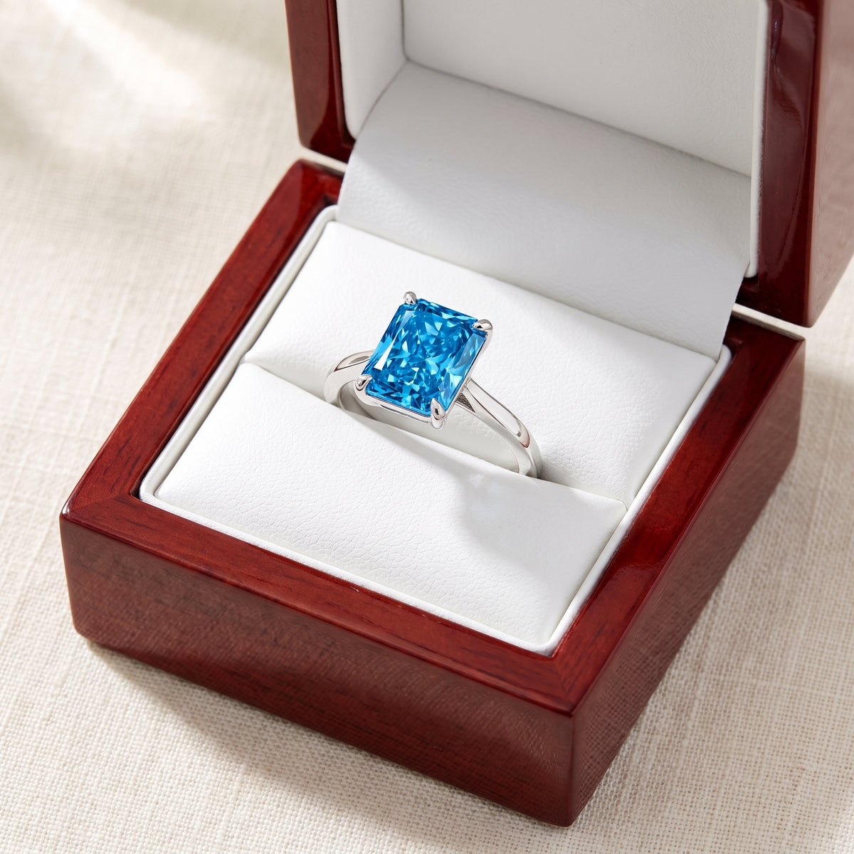 Blue Radiant lab-grown diamond solitaire engagement ring, White Gold, in cherry-wood ring box