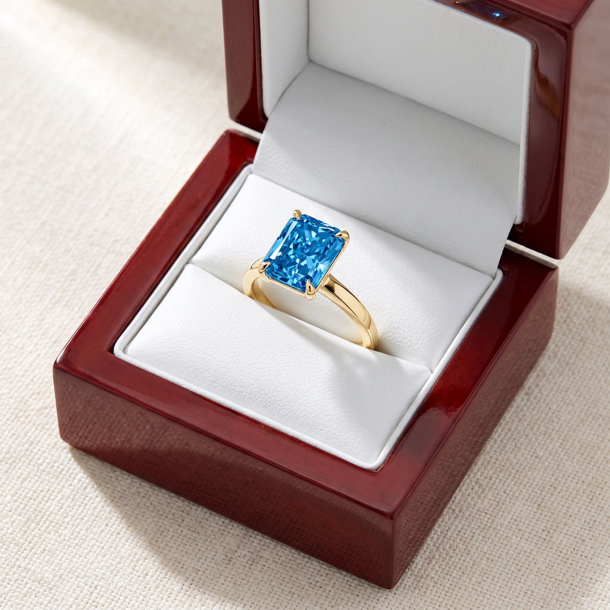 Blue Radiant lab-grown diamond solitaire engagement ring, Yellow Gold, in cherry-wood ring box