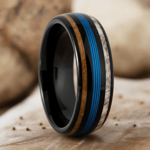 BLUEBARK — Extreme macro detail — men's tungsten wedding ring.
