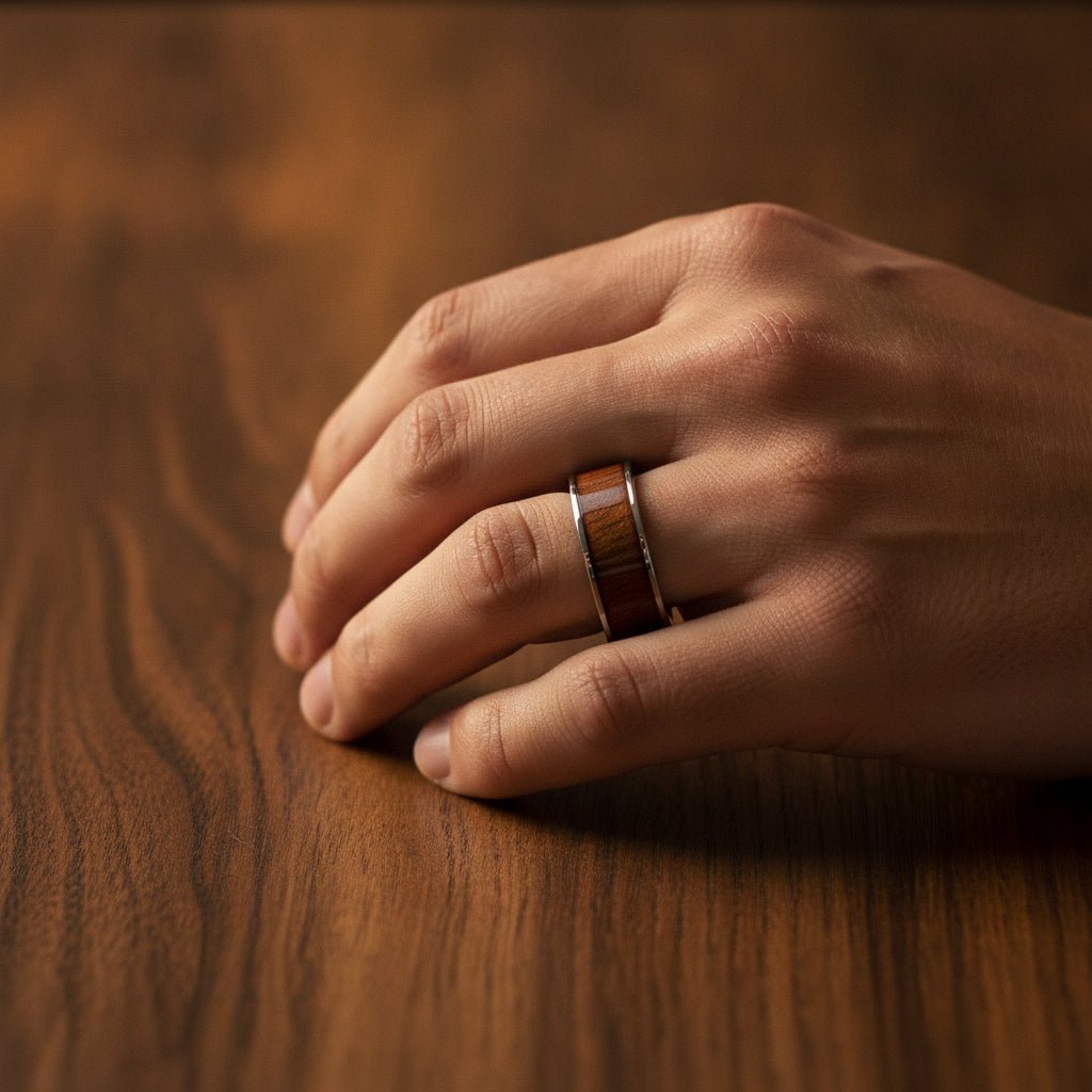 BOKKEN flat silver tungsten wedding band with black walnut wood inlay running around the band and polished silver edges worn on man's hand resting on walnut wood, lifestyle photo
