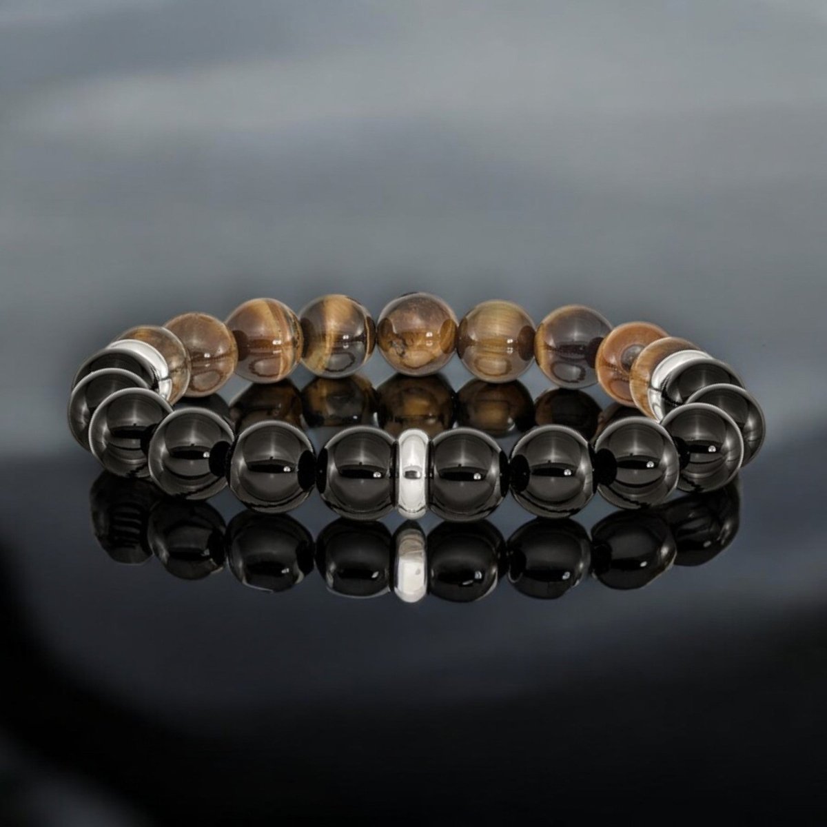 Men's Polished Black Agate and Tiger's Eye Beaded Bracelet