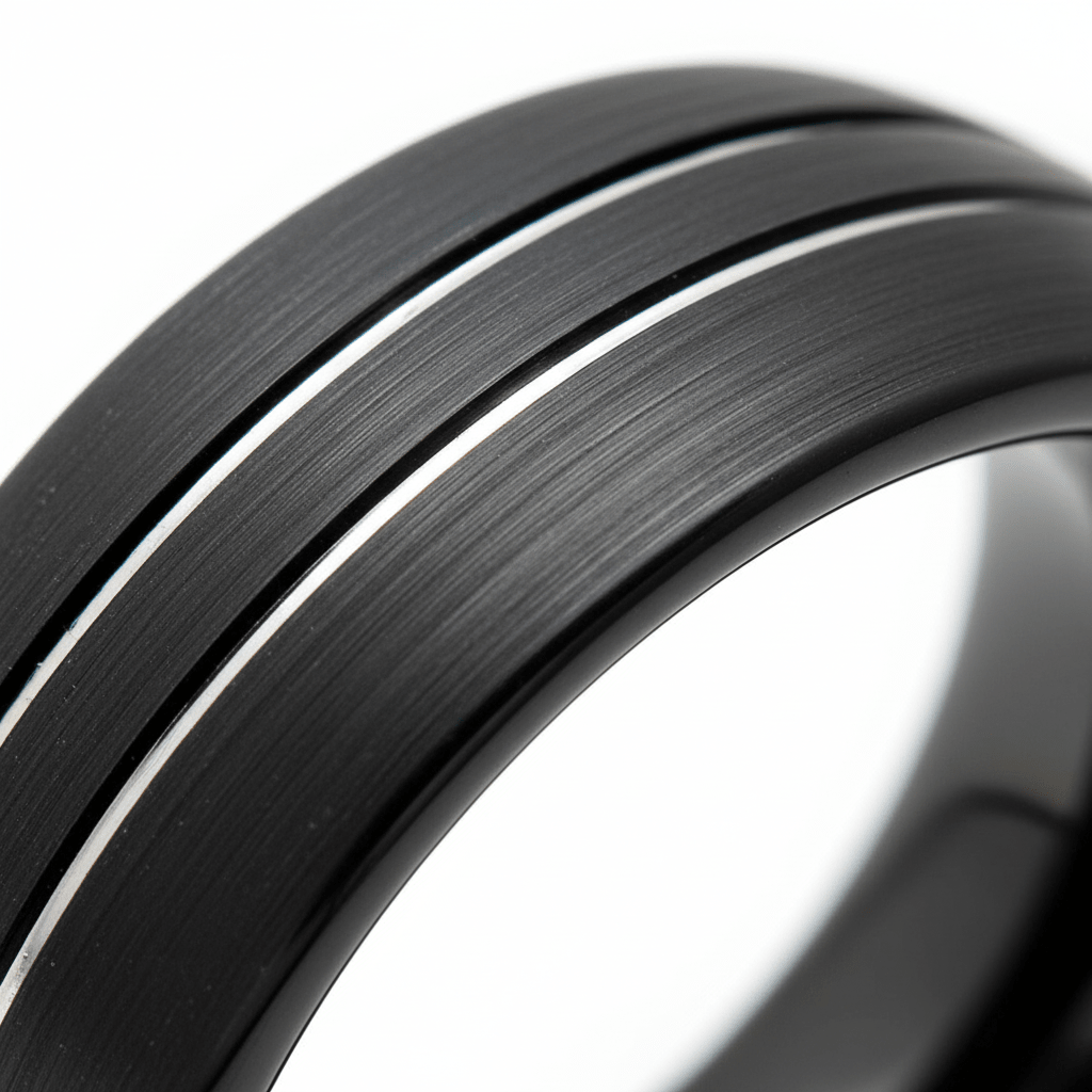 BOSTIN — Extreme macro detail — men's tungsten wedding ring.