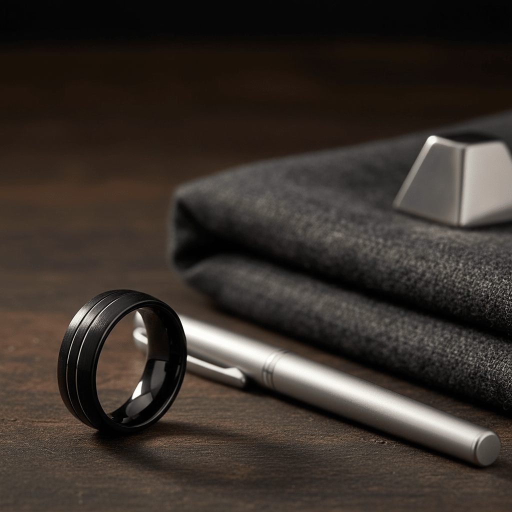 BOSTIN — Editorial masculine still life — men's tungsten wedding ring.
